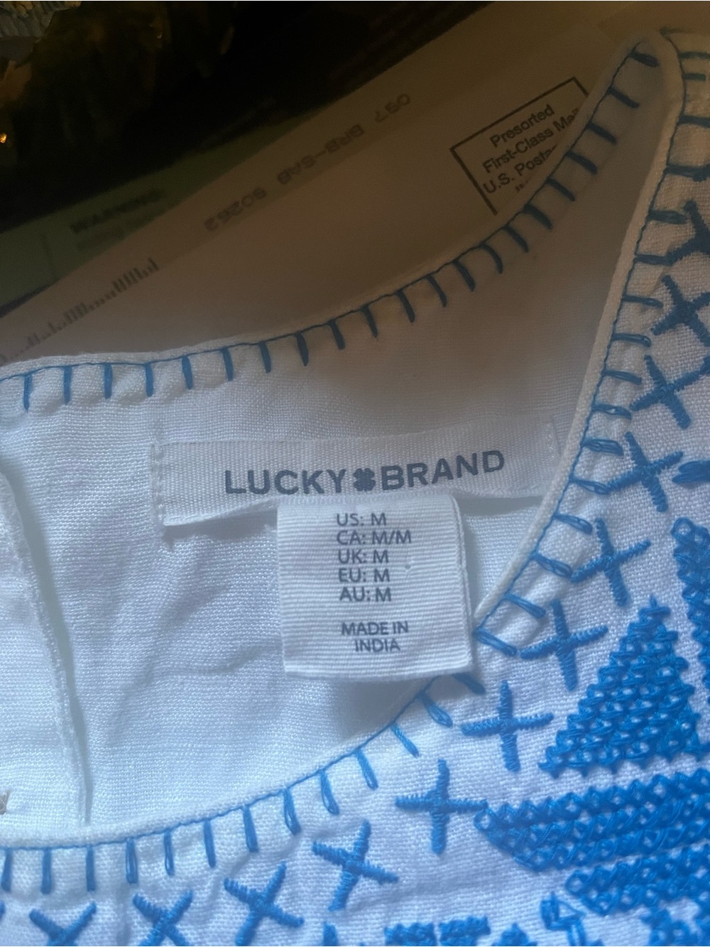 Lucky Brand White Mini Dress with Blue Embroidered Yoke - Picture 5 of 5
